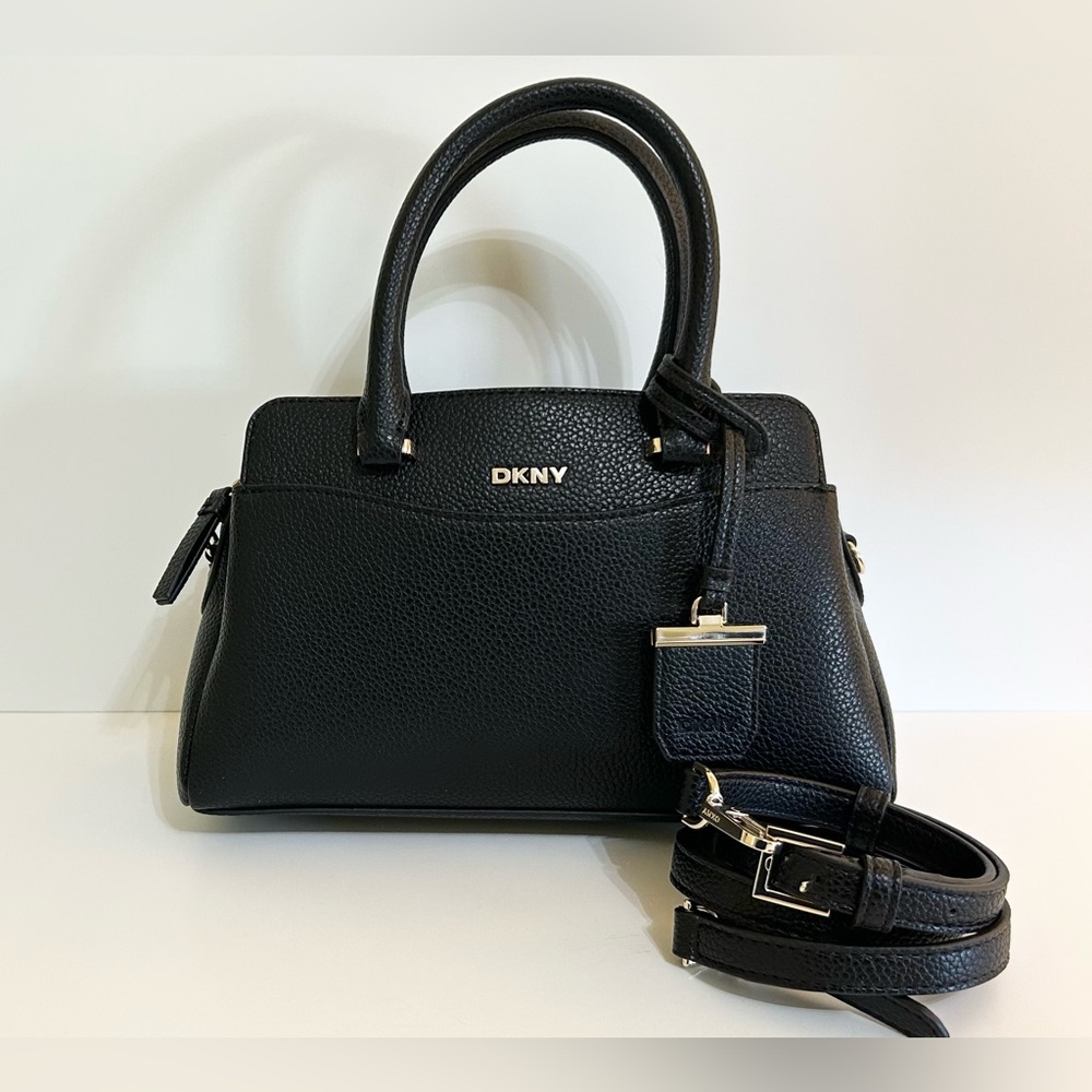 DKNY Avelle Black Satchel Bag w/Gold Accents and Crossbody Strap.